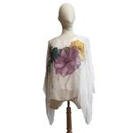 TUNICA, blusa, vestido en gasa de seda, color blanco dibujo de flores de colores